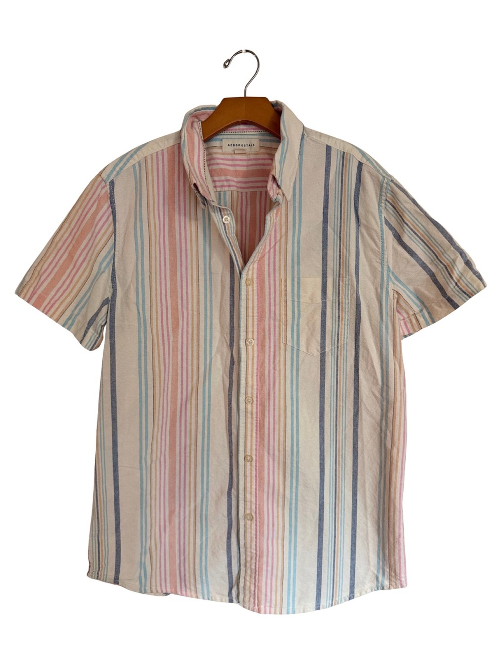 Cotton Aeropostale Coastal Multicolor Striped Short-Sleeve Button-Up Shirt